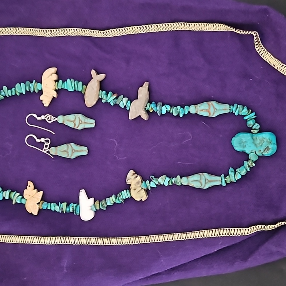 Sterling silver turquoise and shell Fetish necklace with  earrings.